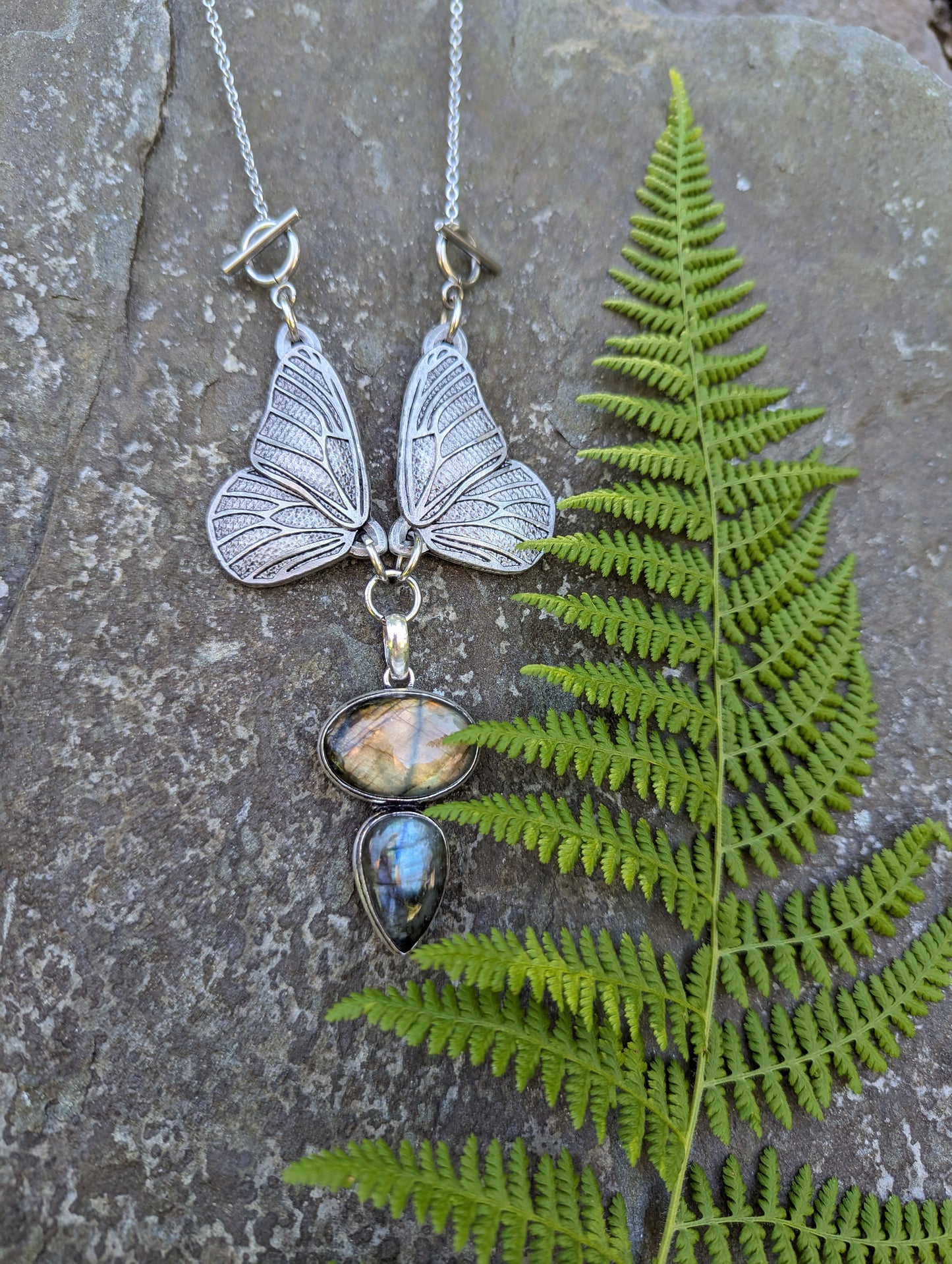 Adjustable Two Stone Labradorite Butterfly Necklace